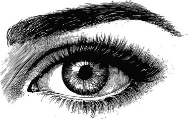 Obraz premium Detailed black and white sketch of a human eye with intricate shading. Vector illustration