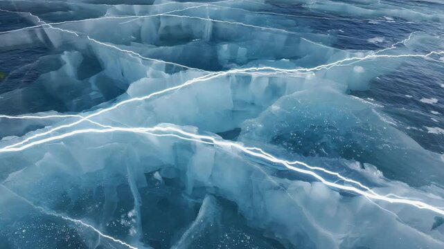 Frozen lake cracks under pressure, close up of ice cracks