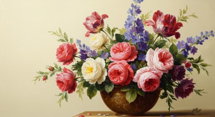 Obraz premium Vibrant Floral Arrangement in Bronze Vase - A stunning still life painting of a bouquet of roses, tulips, and delphiniums in a bronze vase. Rich colors and detailed brushstrokes