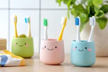 Colorful toothbrush holders with cheerful designs, perfect for brightening up your bathroom space.