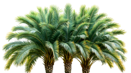 Tropical palm tree bending slightly with green fronds isolated on white background