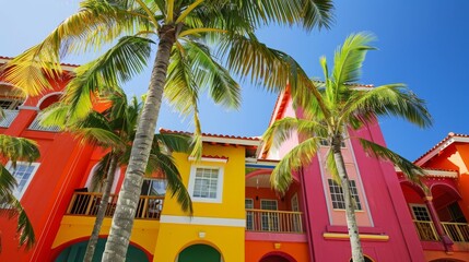Bright red and orange condo buildings with palm trees in front, showcasing tropical real estate charm