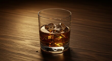 Whiskey on the Rocks - Glass of amber whiskey with ice cubes on a dark wood surface