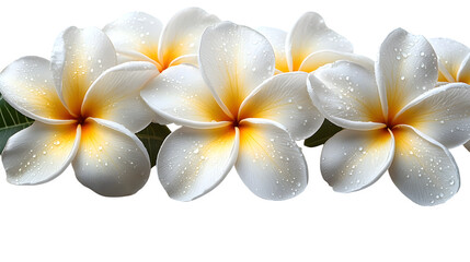 Naklejka premium Tropical plumeria flowers with green leaves and detailed blooms isolated on white background