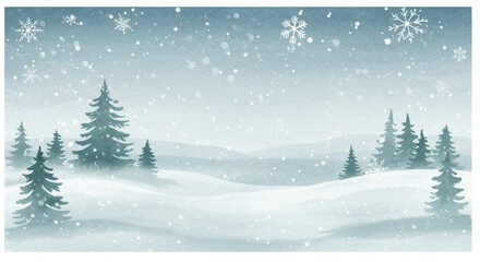 Fototapeta premium Winter Wonderland Landscape - Serene winter scene with snow falling gently over a snow covered landscape and evergreen trees. Perfect for winter holiday cards, backgrounds, and more