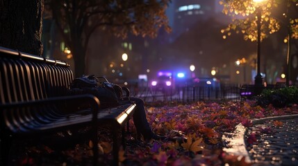 Person resting on bench, city park, night, police presence