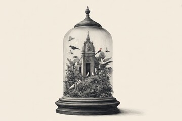 Intricate Nature Scene Enclosed in Glass Dome with Birds and Plants