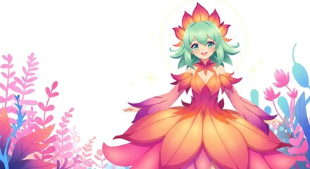 花のようなドレスを着た若い女性、ファンタジーの背景に立って、コピー空間があります