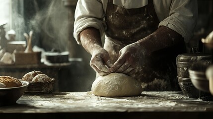 Artisan Baker Kneading Dough Rustic Bakery Scene Homemade Bread Preparation Traditional Baking Process Floury Hands Wheat Baking Ingredient Delicious 