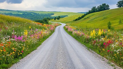 Naklejka premium Picturesque gravel road winding through a vibrant wildflower meadow
