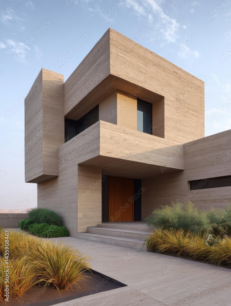Poster modern two-story building with a unique architectural design. the building is made of concrete block