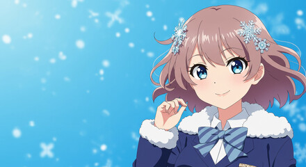 雪の結晶をつけたアニメの女の子が微笑む、背景にコピー空間あり