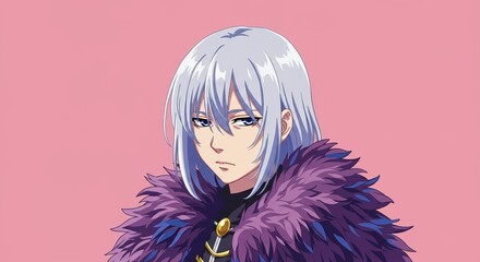 白い髪の男性、ピンク色の背景に対して、アニメのコンセプト