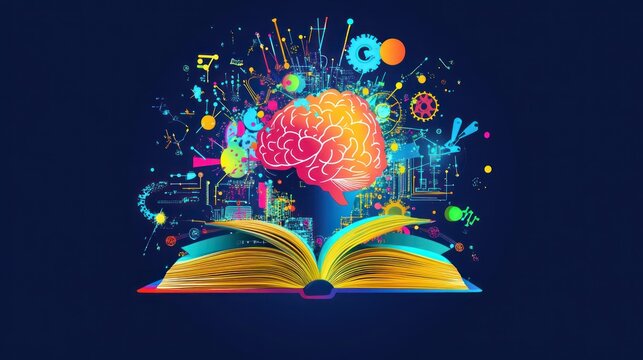 Abstract brain with open book; knowledge explosion