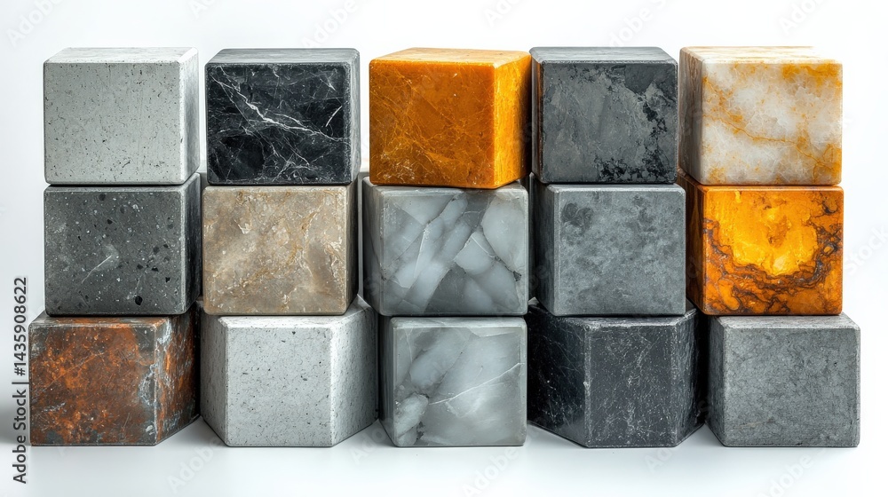 Aufkleber a collection of geometric stone cubes in various colors and textures arranged in a modern display