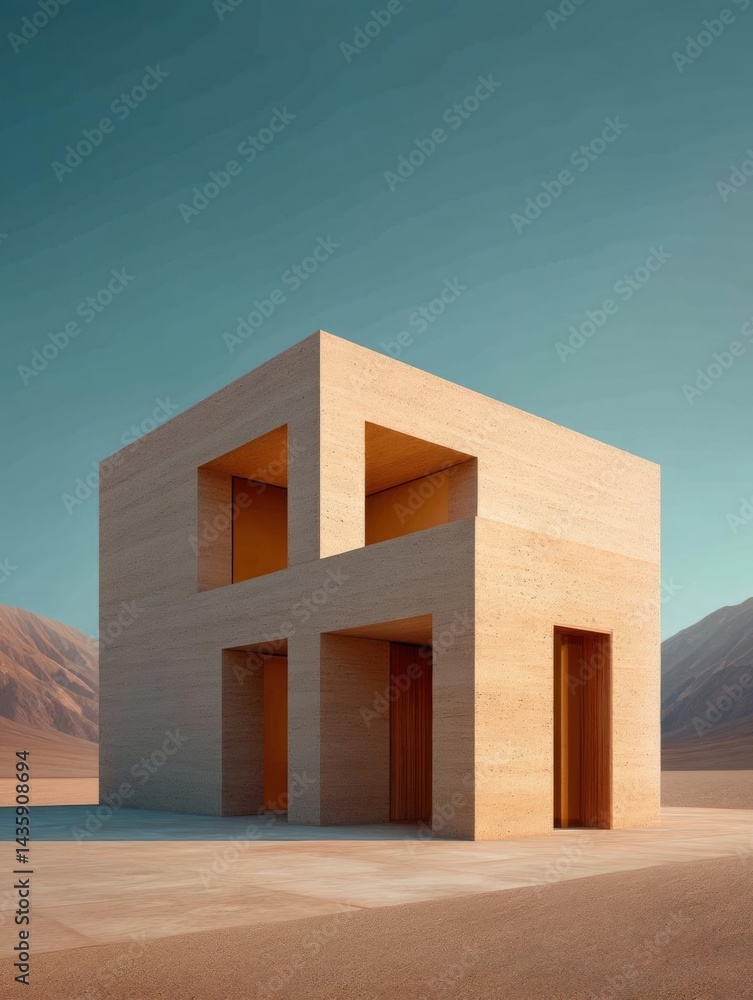 Poster modern, minimalist building in the middle of a desert-like landscape. the building is made of light-