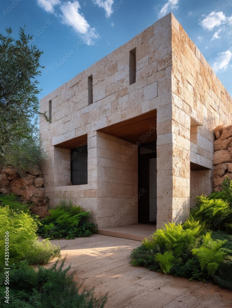 Aufkleber modern, minimalist building made of light-colored stone blocks. the building has a rectangular shape