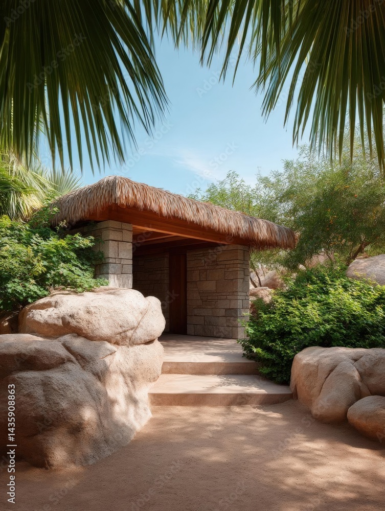 Aufkleber small stone structure with a thatched roof in the middle of a tropical garden. the structure is surr
