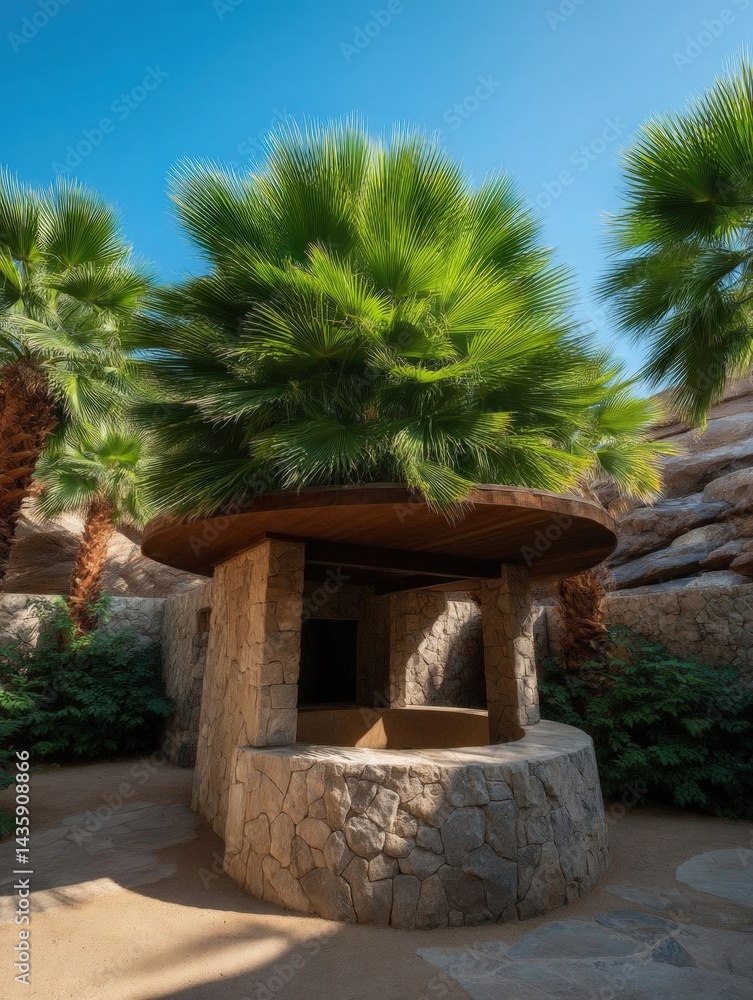 Poster small stone structure with a curved roof in the middle of a desert-like setting. the structure appea