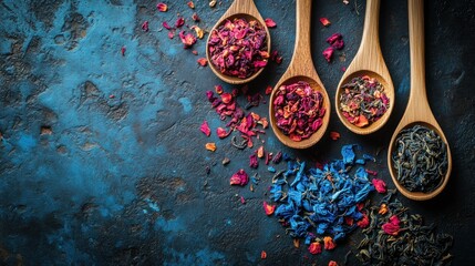 Assorted colorful loose leaf teas in wooden spoons