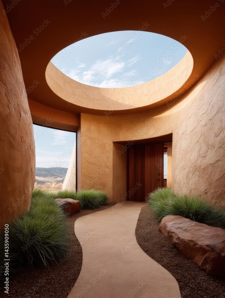 Poster modern entrance of a building with a unique architectural design. the entrance is made of a curved, 