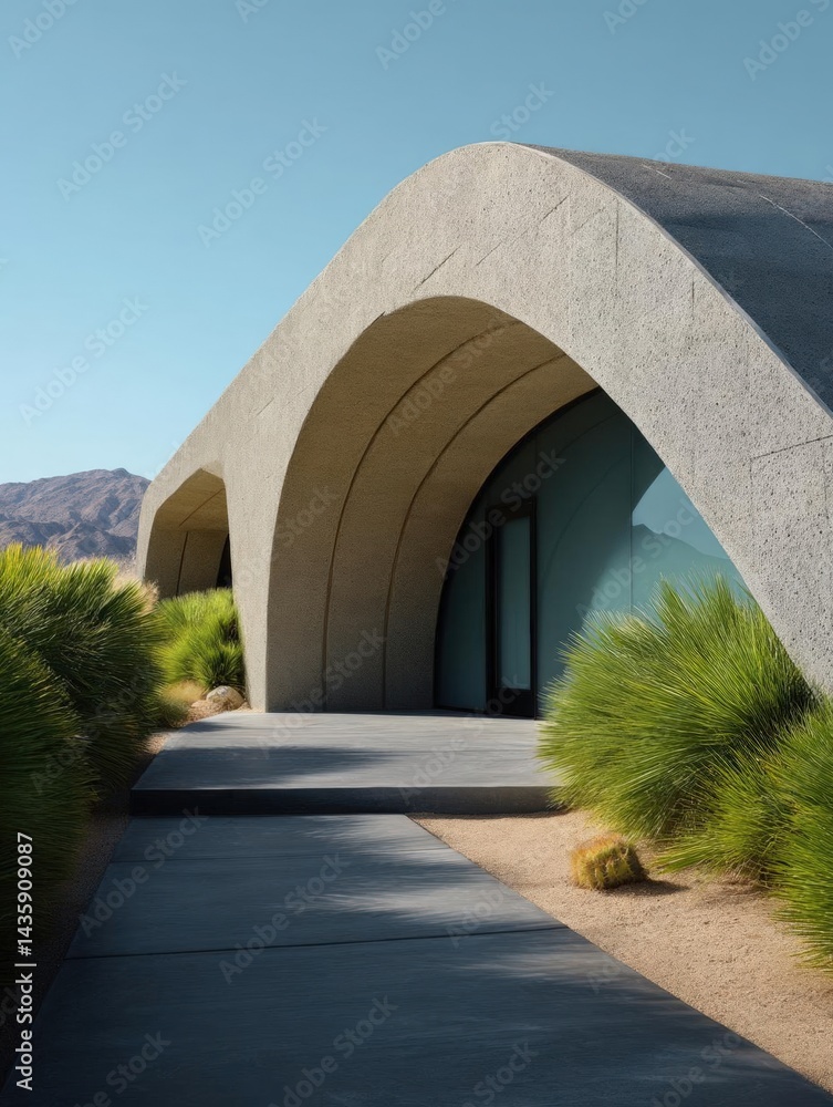 Poster modern architectural structure with a curved roof. the structure is made of concrete and has a light