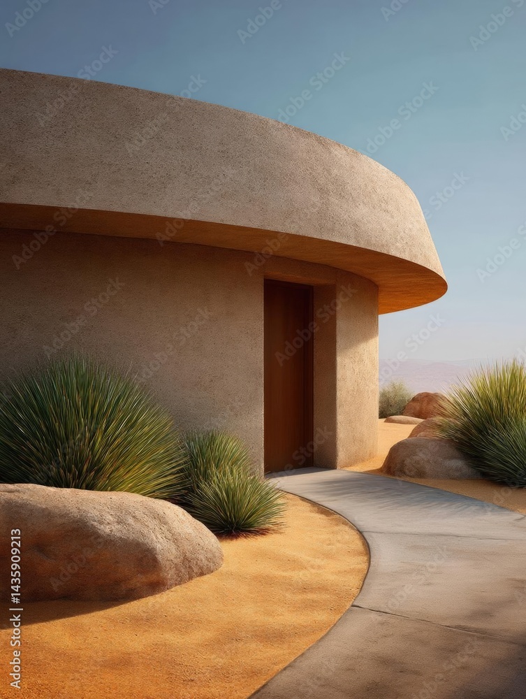 Poster modern building with a unique architectural design. the building is made of a light-colored concrete