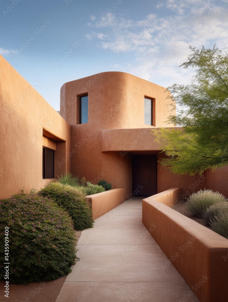Aufkleber modern, two-story building with a unique architectural design. the building is made of orange-colore