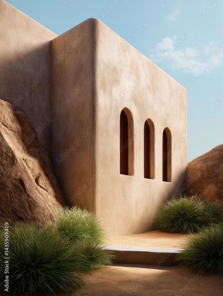 Poster modern, minimalist building made of beige-colored concrete. the building has a triangular shape with