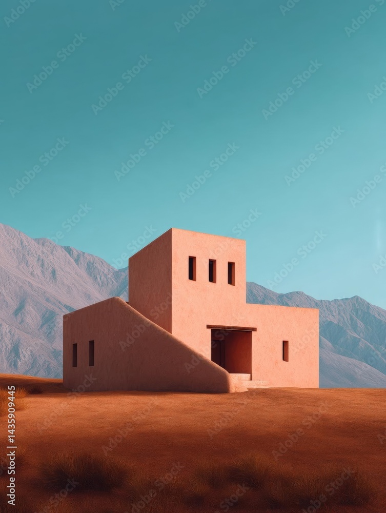 Poster small, two-story building with a flat roof and a sloping roof. the building is painted in a light pi