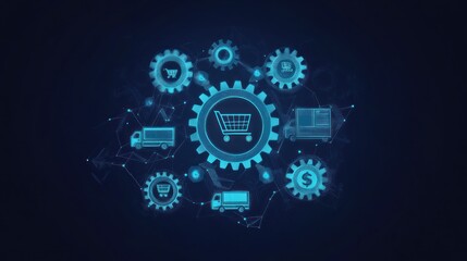 Obraz premium E-commerce logistics network, global shipping, online shopping, digital supply chain, dark background, website banner