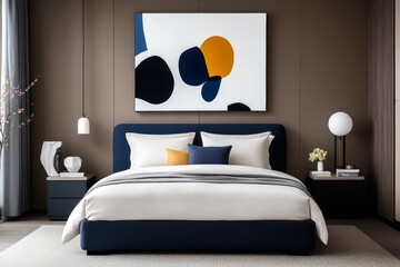 Modern Bedroom Featuring Dark Blue Bed And Abstract Wall Art
