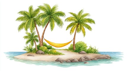 Obraz premium Tranquil Tropical Island with Yellow Hammock and Palm Trees