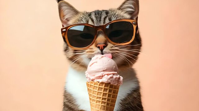 A delightful domestic cat dons stylish sunglasses while savoring an ice cream cone against a clean, bright background, embodying playful summer vibes and the joy of animal companionship!