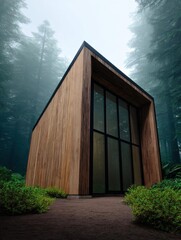 Small wooden cabin in the middle of a forest. the cabin has a triangular shape with a sloping roof and large windows on the right side.