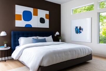 Modern Minimalist Bedroom with Blue Headboard and Abstract Wall Art