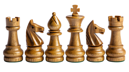 Wooden chess pieces grouped together, board game concept, isolated on white background