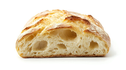 A halved loaf of crusty bread with a soft, airy interior on a white background