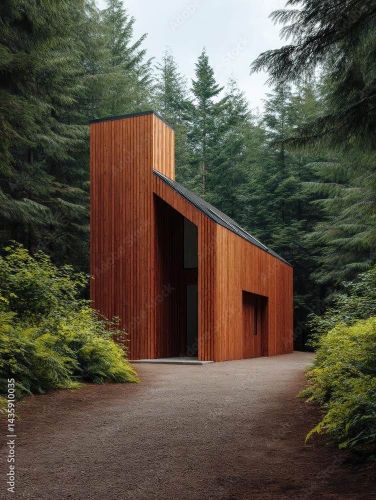 Poster modern wooden structure in the middle of a forest. the structure is made up of vertical wooden panel