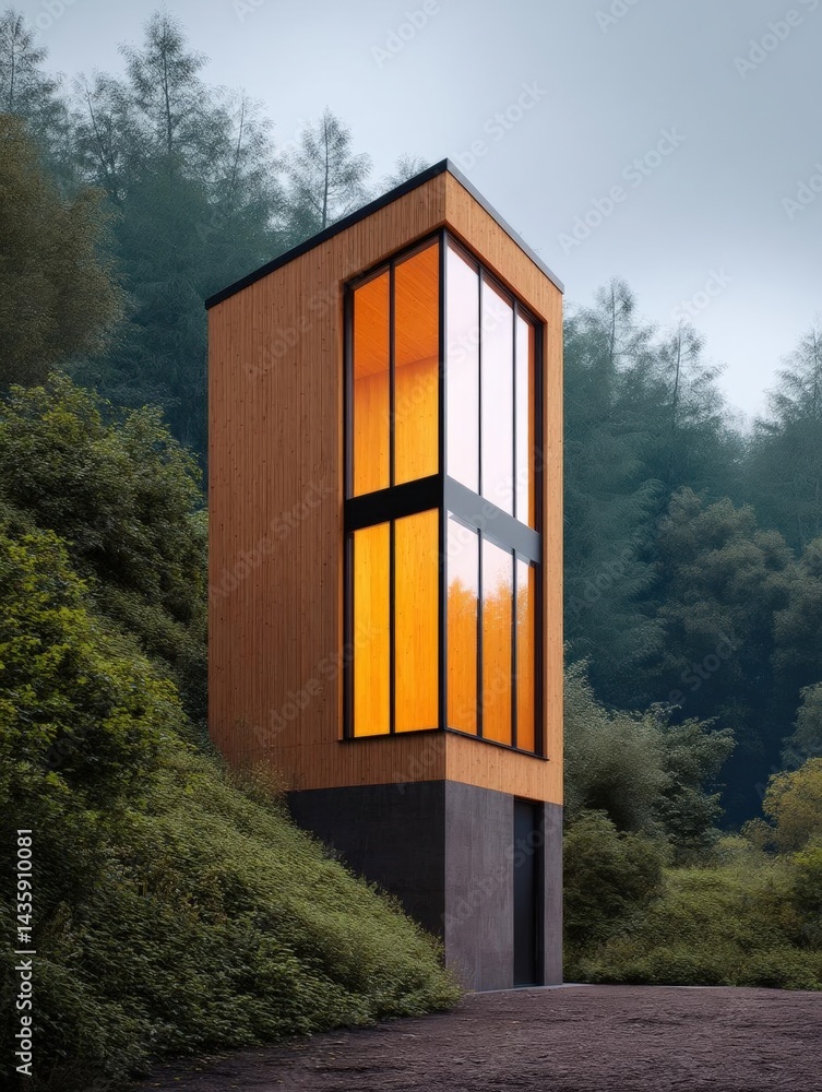 Poster modern wooden building with a unique design. the building is located on a hillside with trees and bu