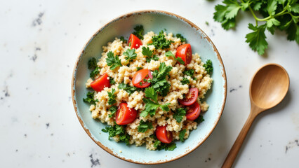 A bowl of quinoa salad with tomatoes and herbs on a kitchen counter.