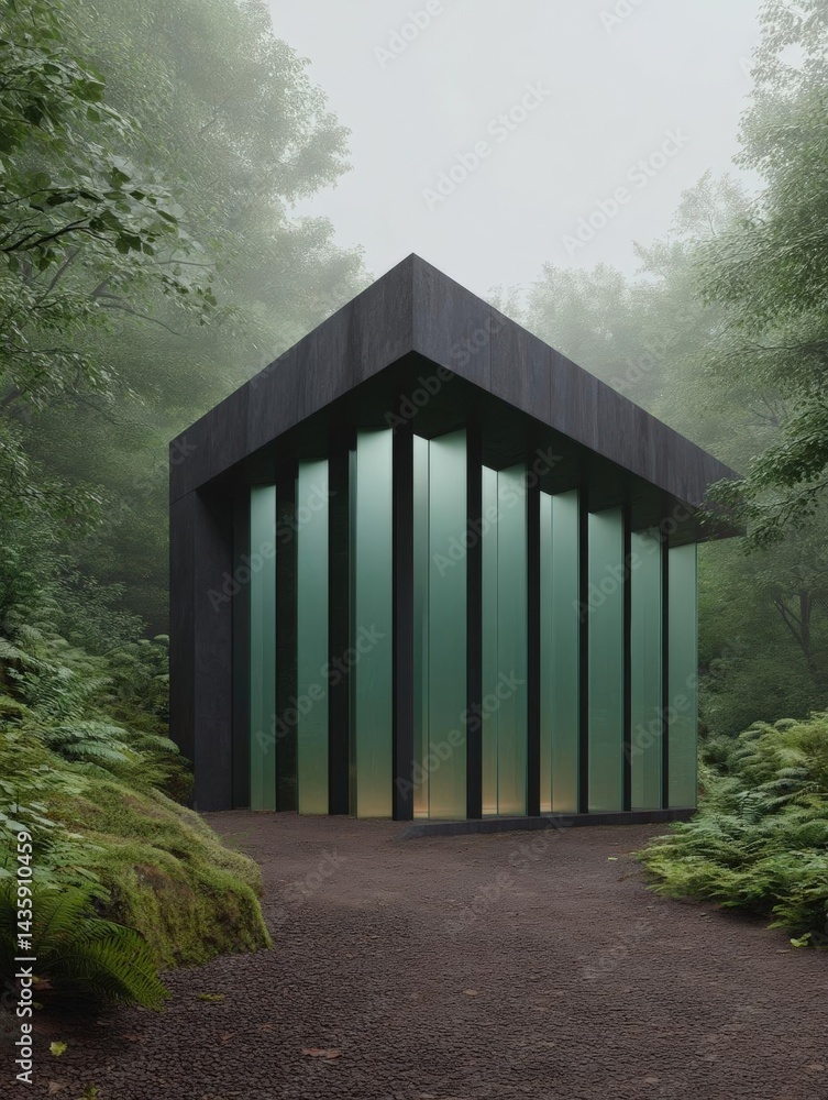 Poster modern, minimalist building in the middle of a dense forest. the building is made of black concrete 