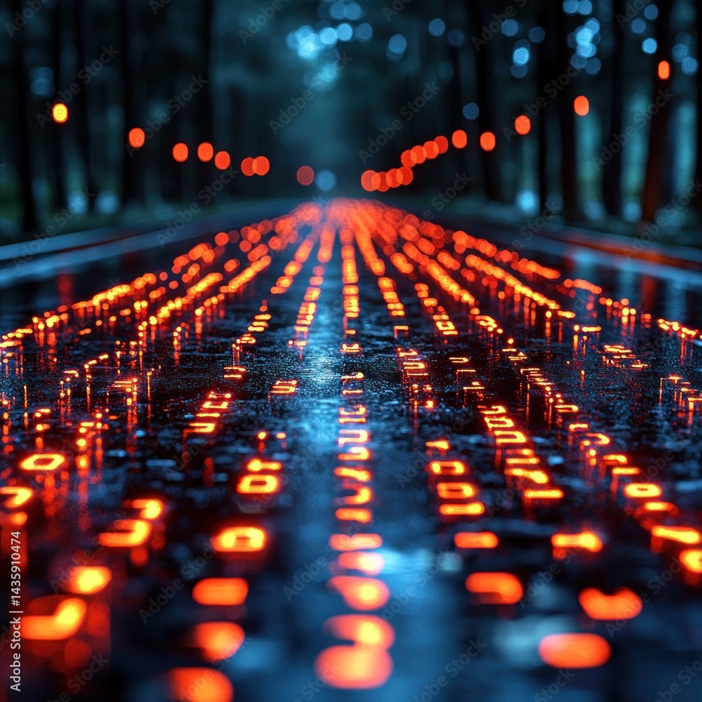Aufkleber glowing data stream on dark road with bokeh lights abstract