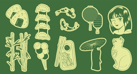 Asian sticker pack, oriental trendy vector illustration. Lantern, anime girl, asian food, bamboo, cat, koi fish.