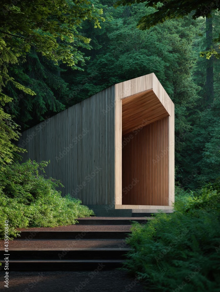 Poster small wooden structure in the middle of a forest. the structure is made of corrugated metal sheets a