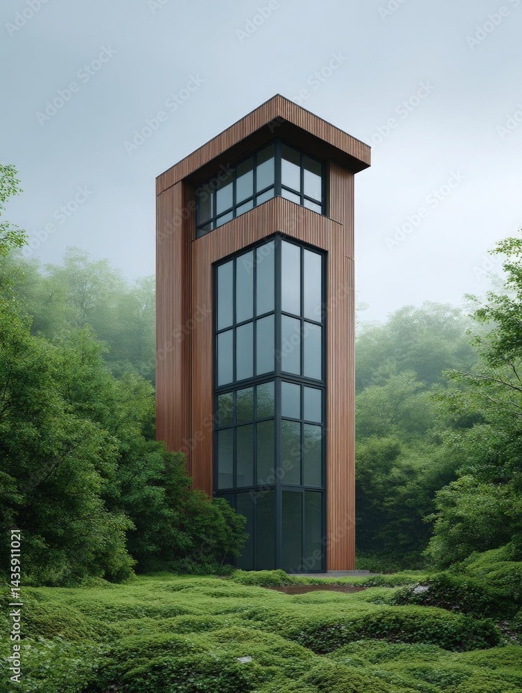 Poster tall, modern building with a unique design. the building is made of wood and has a triangular shape 