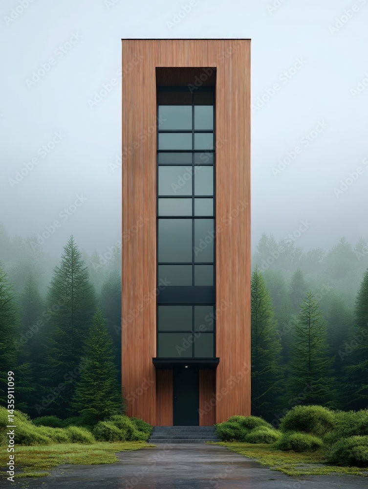 Aufkleber tall, modern building with a unique design. the building is made of wood and has a rectangular shape