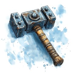 A Detailed Watercolor Painting of a Heavy, Double-Headed Hammer.