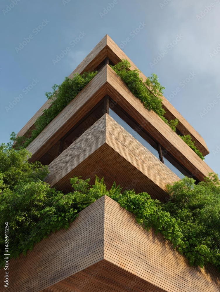 Aufkleber 3d rendering of a modern building with a triangular shape. the building appears to be made of wood a
