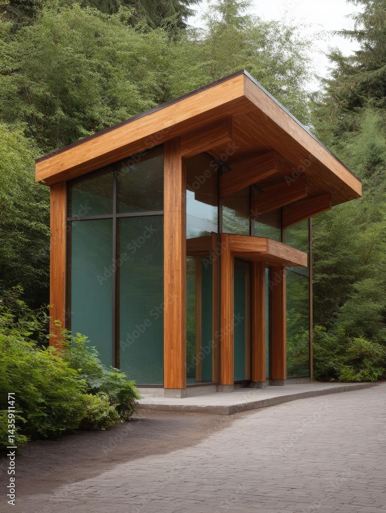 Poster modern wooden structure with a triangular roof and large glass windows. the structure is located in 
